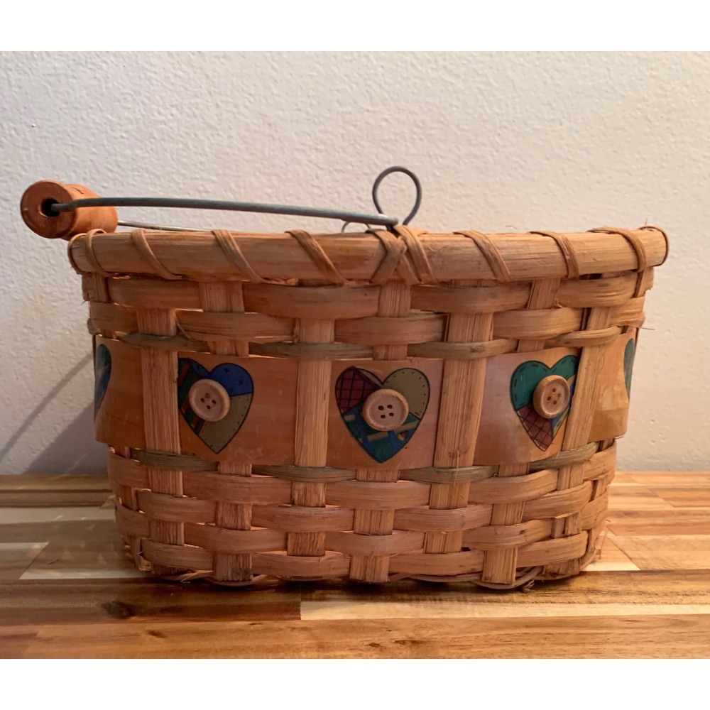 Vintage Woven Heart Button Basket Wire Handle Farmhouse 80's Boho Chic